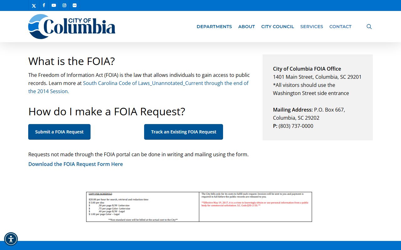 Columbia FOIA portal for Columbia residents directory record requests