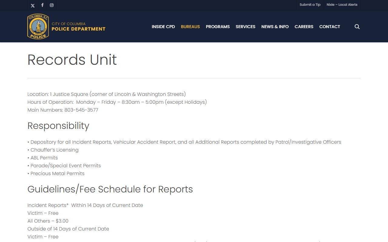 Columbia Police Department records page for Columbia residents directory