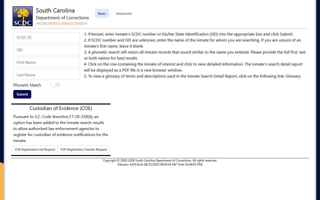 South Carolina inmate search for the residents directory
