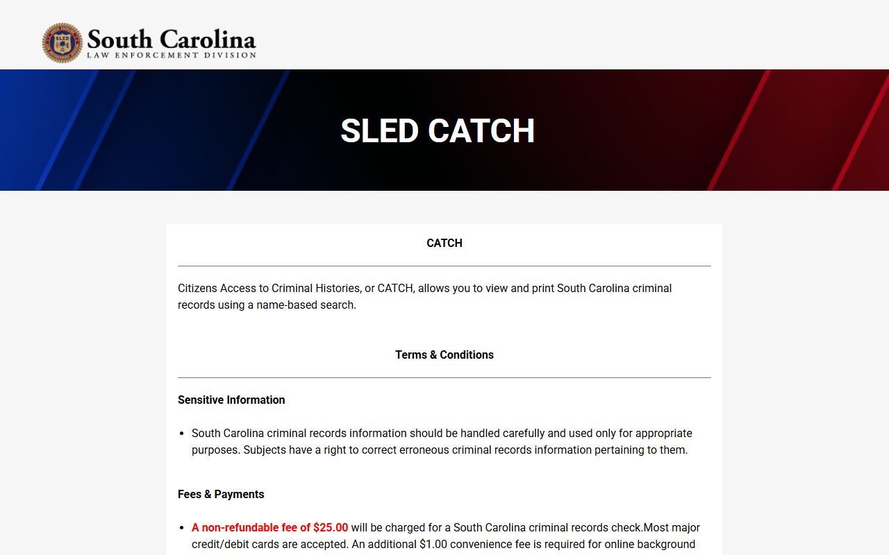 SLED CATCH criminal history portal for South Carolina residents directory