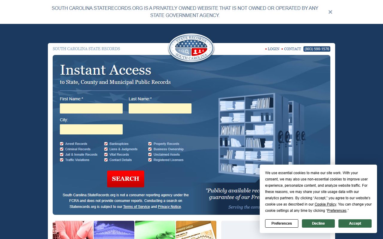 South Carolina State Records portal for the South Carolina residents directory
